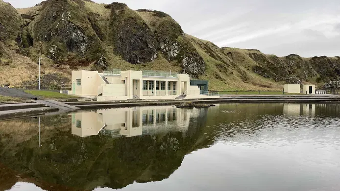 Pavilion on a gloomy day, overlooking a body of water