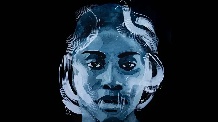 Detail from a drawing by Richard Nattoo of a woman's head