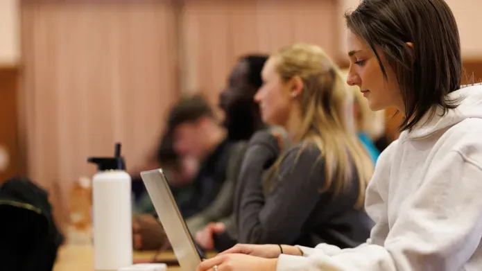 Side view of a young woman sat at a desk with a laptop open looking a the screen. Others sat next to her also look to be working