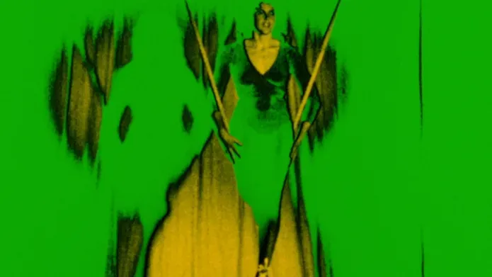 Neon green and yellow over saturated image of a trapeze artist mid-performance on a swing