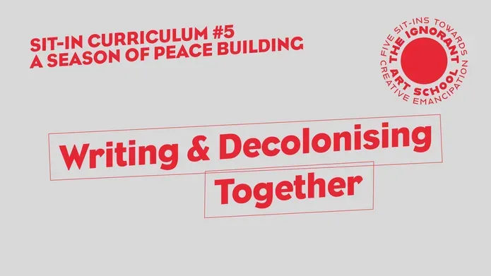 Title slide in red and grey reads Writing & Decolonising Together - stretched diagonally across the screen in an irregular box