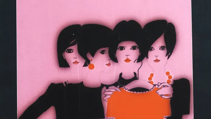 A stylised illustration of four women standing close together against a pink background, with two of them holding a bright orange dress in front of them.