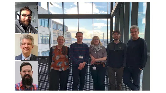 A group of people standing next to each other smiling with 3 head and shoulder photos super imposed on the left hand side.