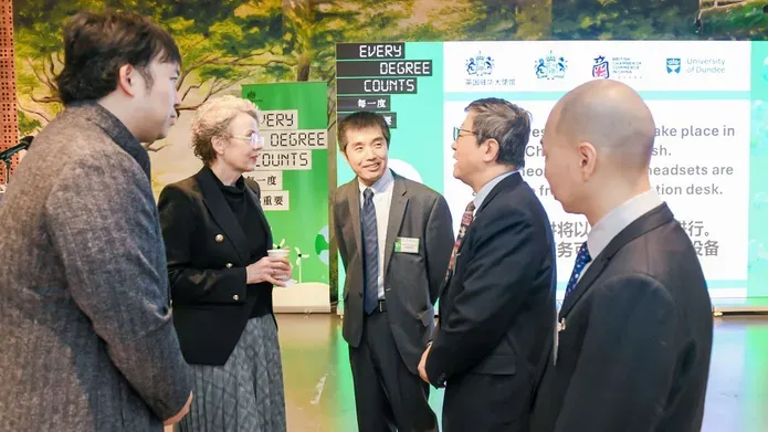 Deputy Ambassador Geraldine McCafferty (second left), speaking with Prof Shawn Mu (middle), Dr Xiansheng Sun (second right), Dr Eric Xi Chen (2024 Chevening Fellow, right) and Jacob Zhao (British Embassy)