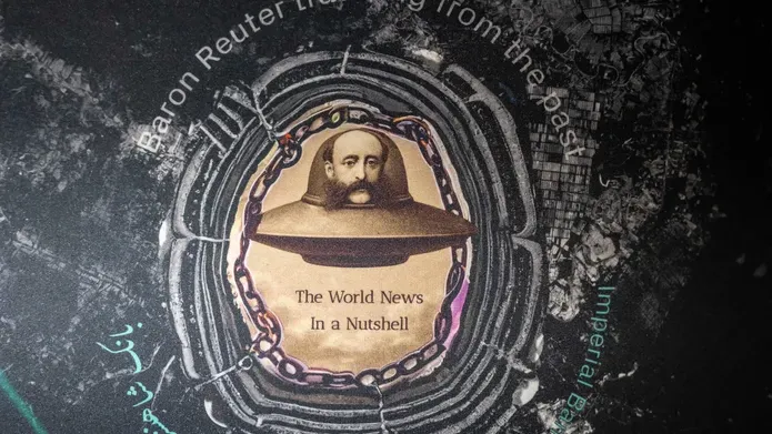 Artists' image. Close up of 'Baron Reuter Travelling from the Past' his 19th C portrait atop a drawing of a ufo. Saving world news in a nutshell