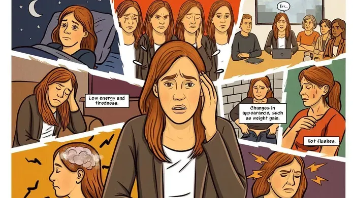 An illustrated image from the comic, featuring a women with red hair describing the multiple symptoms of menopause