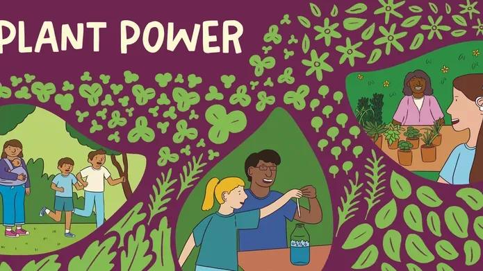 An illustration showing three images - children running in a garden with their parent, a child doing a science experiment with a scientist looking on, a person looking at plants. 