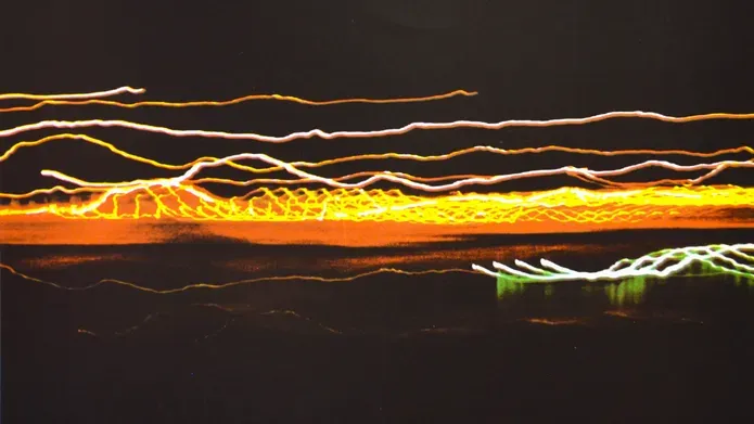 print by Sally May featuring light trails against a black background