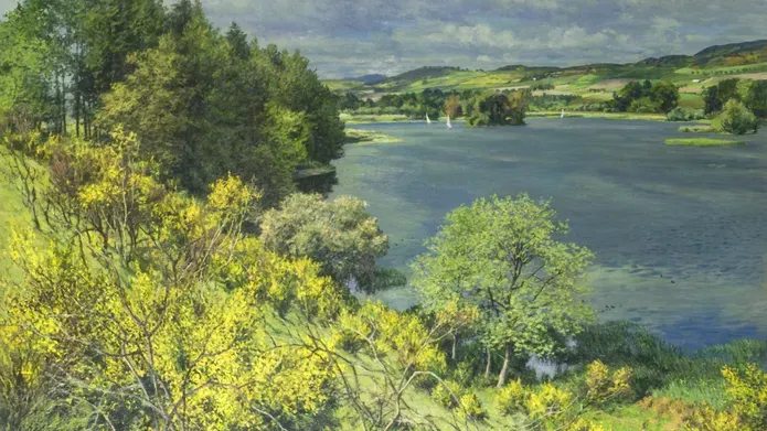 An oil painting of Balgavies Loch on a sunny day.