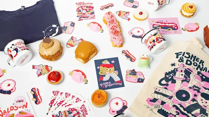 Fisher and Donaldson donuts and Lauren Morsley illustrations spread out on a white background