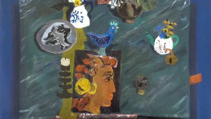 Blue Cockerel with Girl’s Head, oil painting by David McClure, 1966