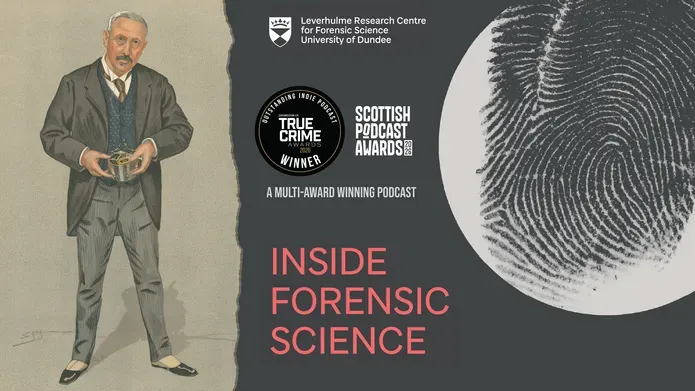 Inside Forensic Science series 5 with a man standing to the left and a large finger print to the right