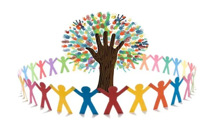 A graphic of stick figures in all colours surrounding a tree with colourful leaves