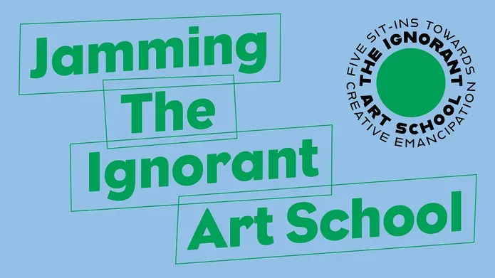 Exhibition title logo Jamming The Ignorant Art School with a circlular logo in pale blue and rich green