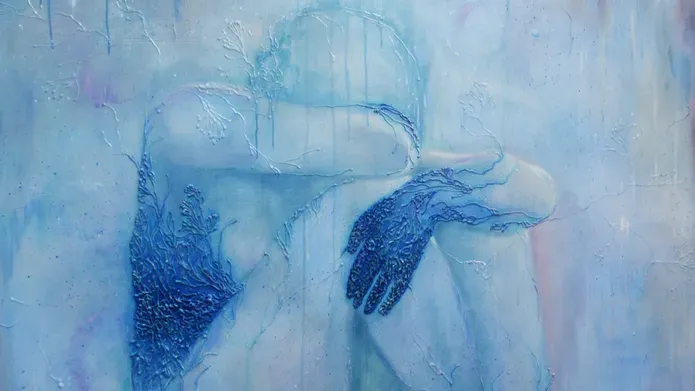 Detail of a painting by Gemma Carpenter of an abstracted human figure curled up