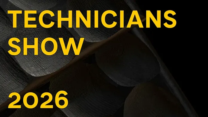 A dark background of silver discs on a banner with bright yellow text Technicians show 2026 