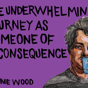 My comic book front cover that shows a picture of me with a stick note on my face with the title "The underwhelming journey as someone of inconsequence"