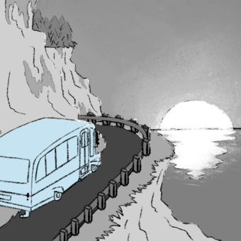 Drawing of a bus going round a corner with a cliff drop to the ocean and the sun setting over the water