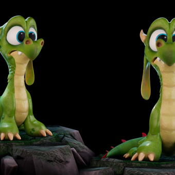 A cartoon green dragon with a confused look on its face sitting on a stone base