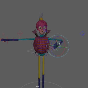 Animation of a knitted man with one arm out and the other bent at the elbow