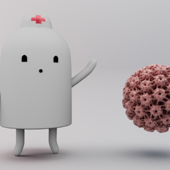A cartoon character with HPV virus molecule