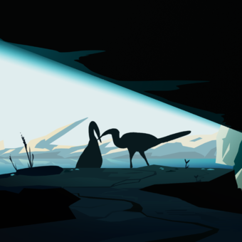 Two roosting birds look out towards mountains and the ocean from the mouth of a dark cave.