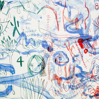 Red, blue and green lithograph with illustrations, writing and brushstrokes layered on top of each other