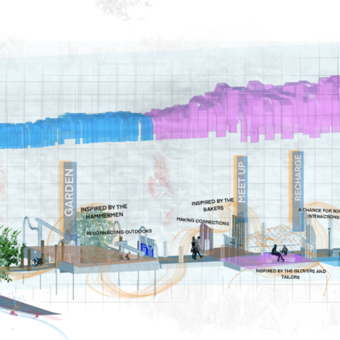 Detailed Isometric view of Vertebrae’s Design proposal consisting of 7 different spaces inspired by the Nine Trades.