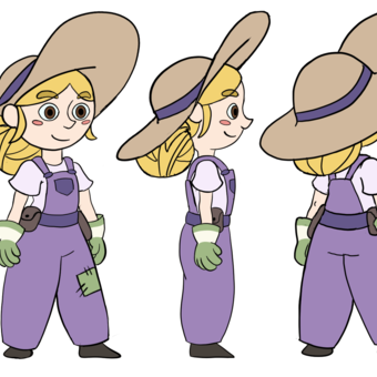 cartoon character in purple trousers and hat, taken from different angles