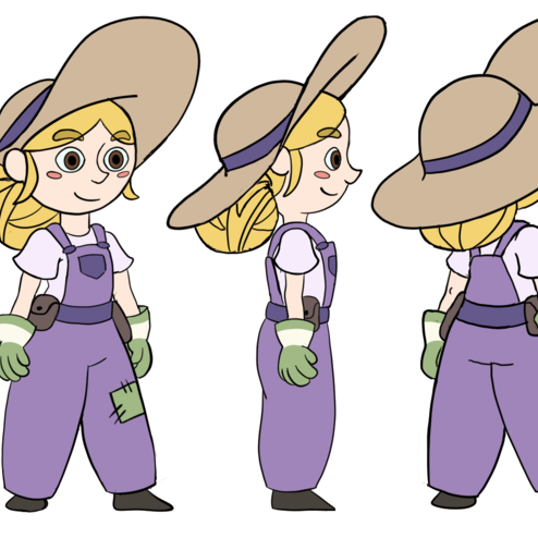 cartoon character in purple trousers and hat, taken from different angles