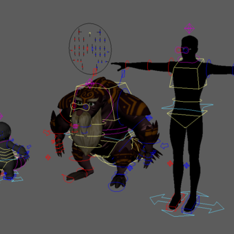 The image shows a baby pangolin 3D rig, an elder pangolin 3D rig, and a silhouette human character rig standing in a line.