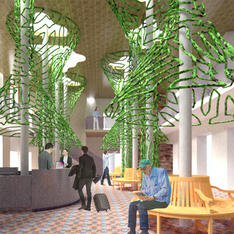 A perspective view of the hotel reception/lobby area. A bright, large room, with a double heighted ceiling, interior balcony curving around the room, and pink and blue tiled floors. Vine-like mossy structures grow on the columns lining the middle of the space. Depicts people checking in, sitting on the benches and walking around the interior balcony.