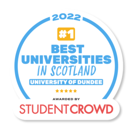 StudentCrowd logo for the number one ranking award for Dundee, for the best five Scottish universities.