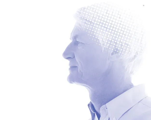 A white haired man staring to the left with a blue colour wash over the photo