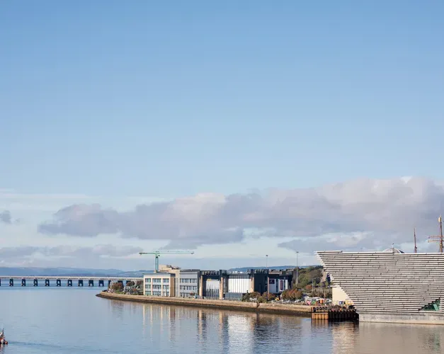 A view of the V&A Dundee and waterfront from the Tay Road Bridge