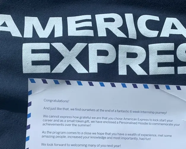 a card from American Express congratulating  Angus on his internship 