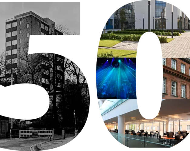 the number 50 made up with images from around Dundee campus
