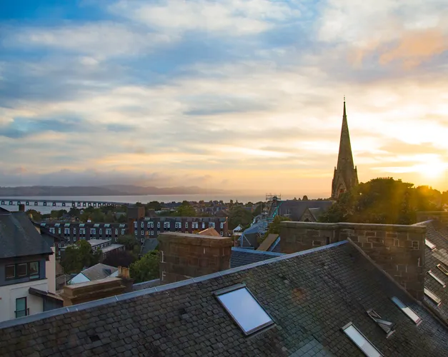 View over campus rooftops to the River Tay