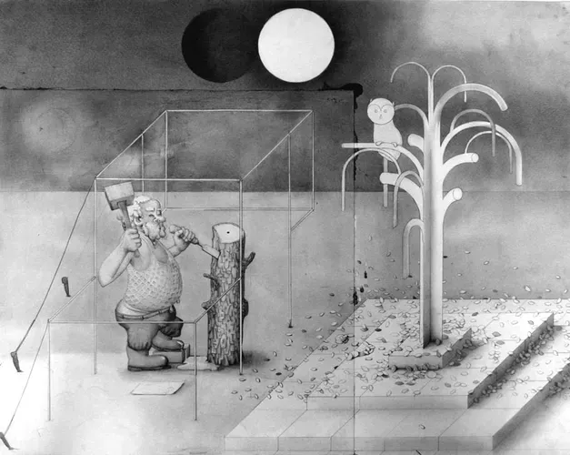 Black and white image of model owl under tree