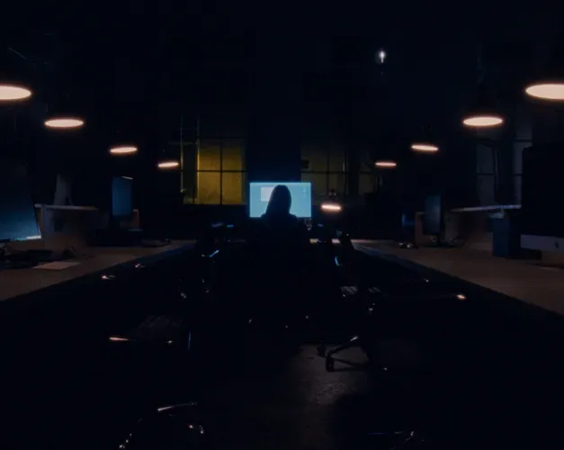 Film still from ‘The Dead Are Jewels To Me’ – image of Dr Maria Maclennan taken from behind sitting in the distance watching a screen in a darkened room.