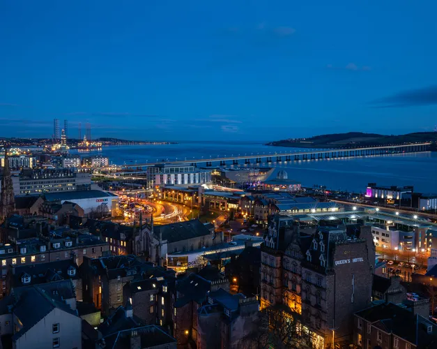 View across Dundee at night towards the River Tay