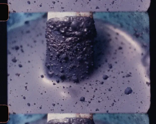16mm film still picturing a close up of a paint brush in a powdery purple coloured tin of paint