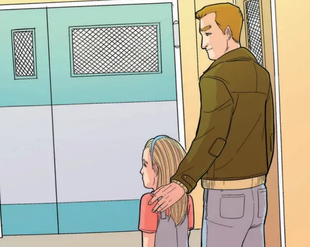 Cover of the Visiting ICU comic - a father is leading his daughter toward hospital ward doors