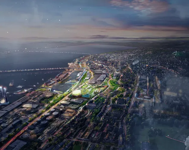 An animated aerial view of Dundee with a highlighted section showing where ther Eden Project will be located near the tay