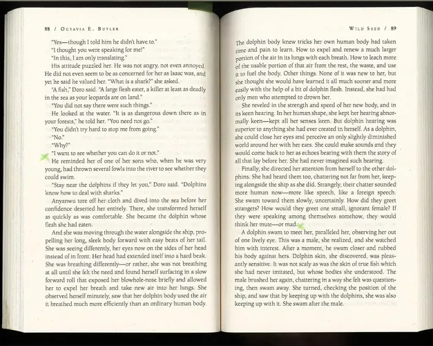 Book spread open at pages 88 & 89 of the novel Wild Seed by Octavia E. Butler