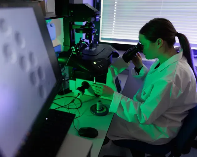 A person looking through a microscope