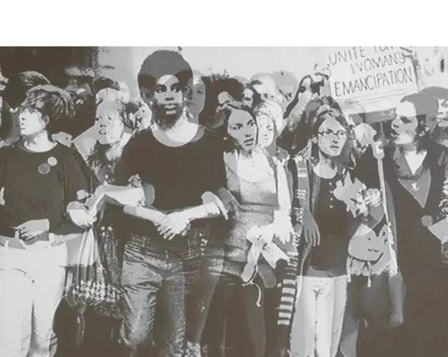 Black and white image overlaying two photos of groups of women protesting, standing on a picket line
