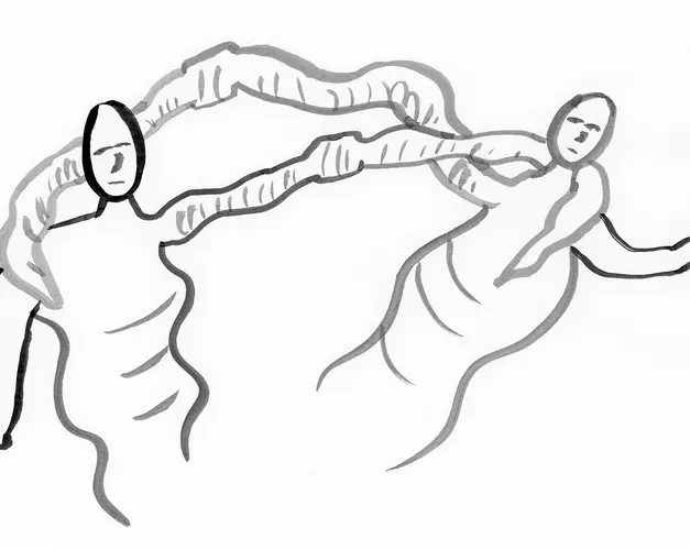 Ink line drawing of two earthworms embracing each other and swaying