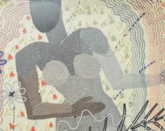 detail of Spirit of the Future (embroidery of female form) by Rebecca Crompton