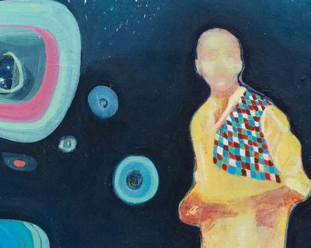 close up photo of a painting of a male figure floating in a blue background wearing a yellow checked shirt